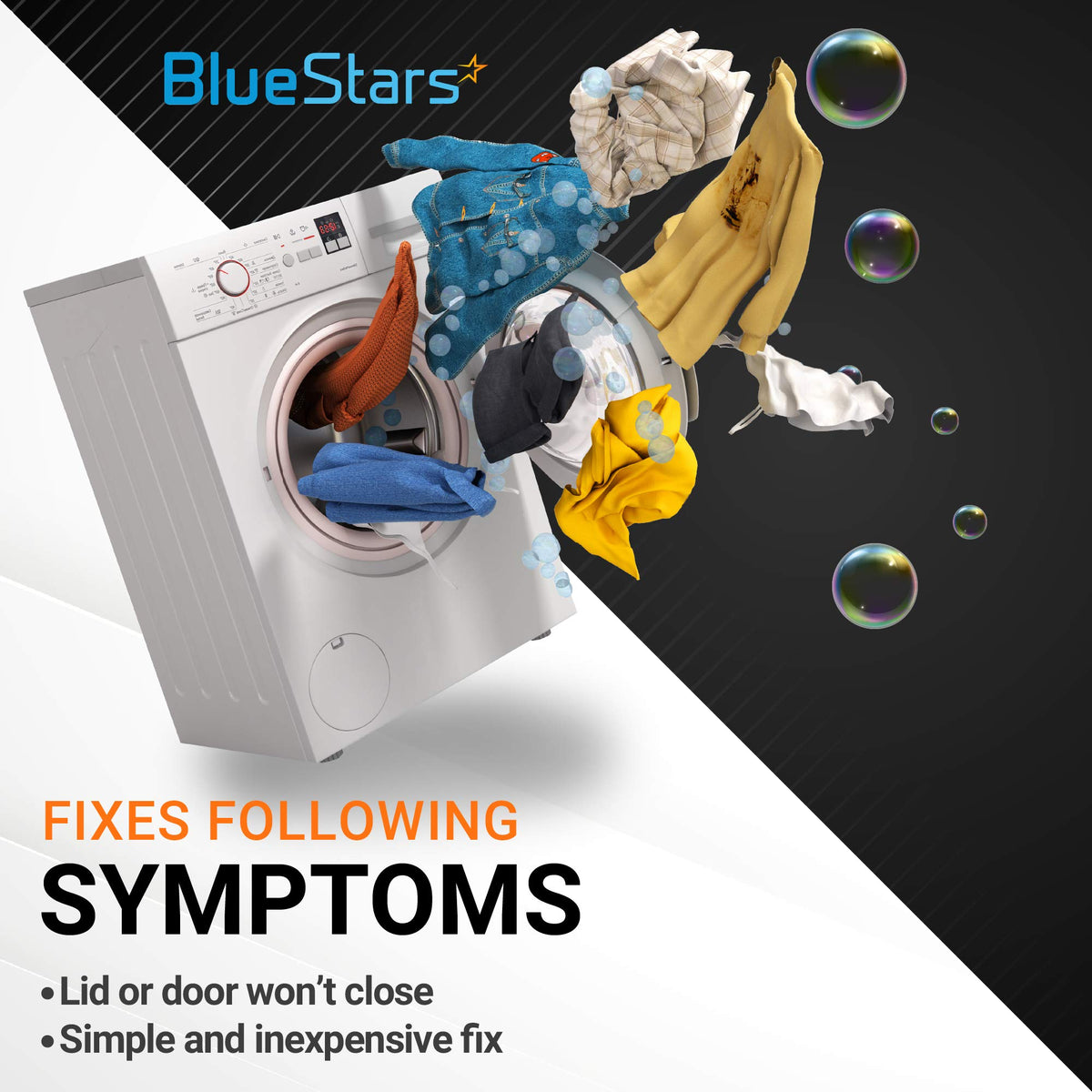 Graphic showing a washing machine with laundry to illustrate the door closure fix for AGM73610701 magnetic door plunger.