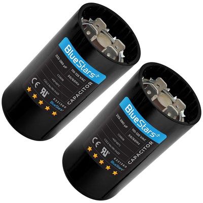 Two round 233-280 uF 110-125 VAC motor start capacitors with BlueStars branding.