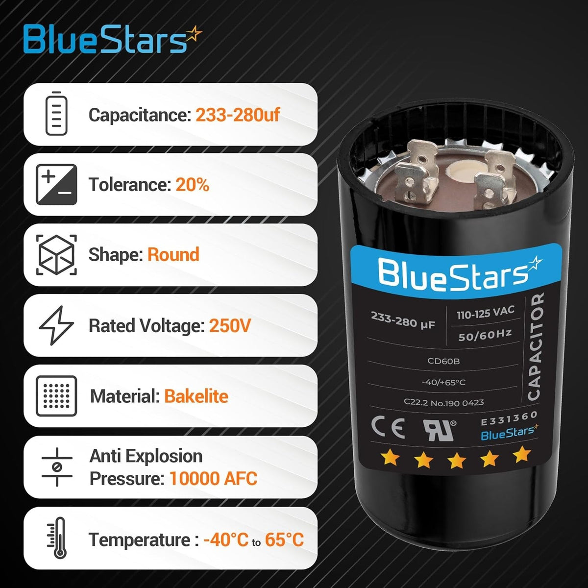 Single round motor start capacitor 233-280 uF 110-125 VAC with technical specification infographic.