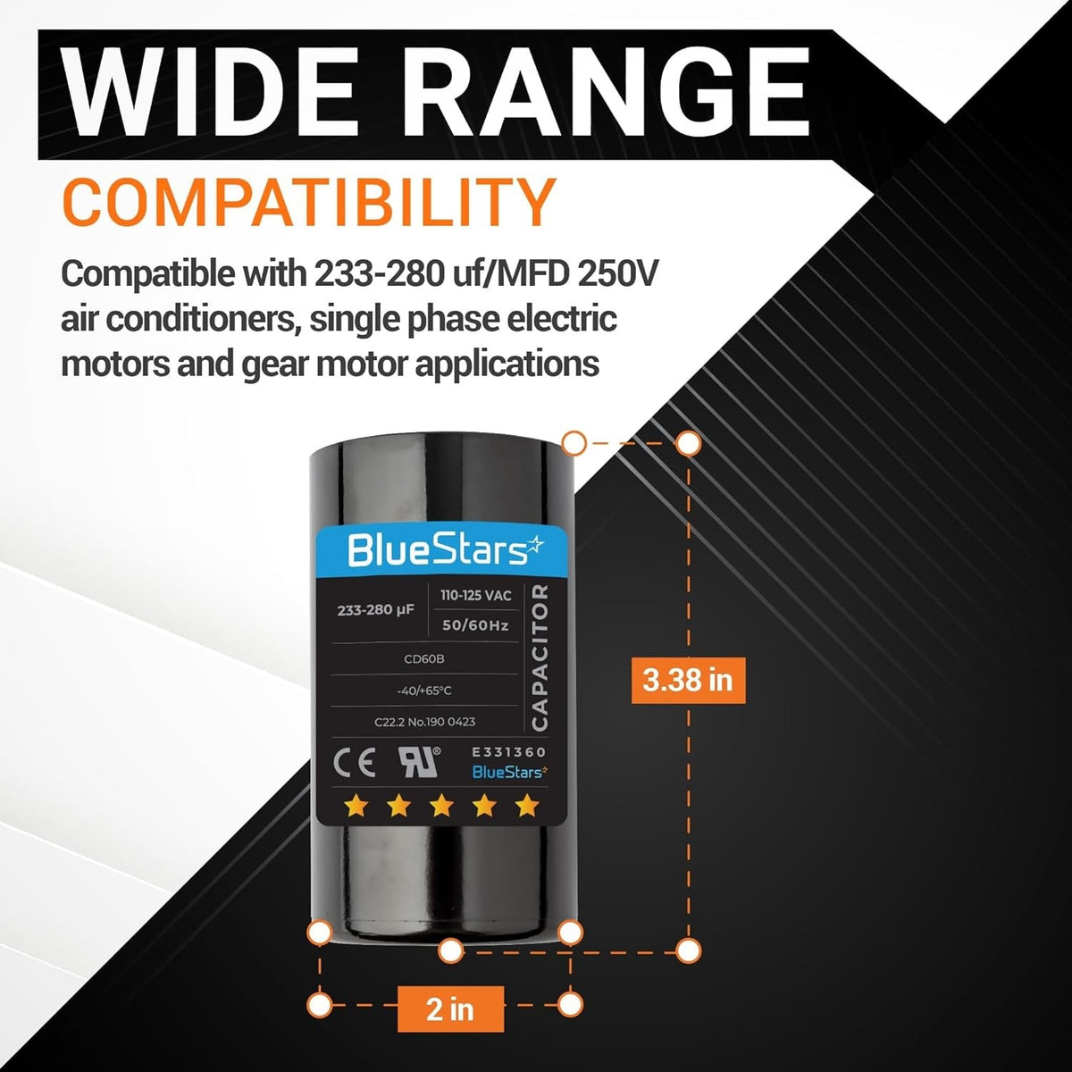 BlueStars 233-280 uF round motor start capacitor showing 3.38 inch height and 2 inch diameter dimensions.