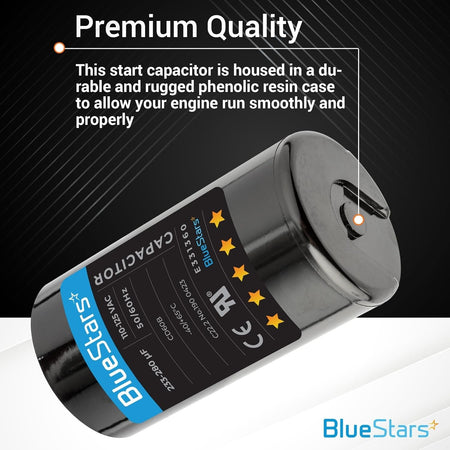 Single 233-280 uF 110-125 VAC round motor start capacitor in a durable phenolic resin case.