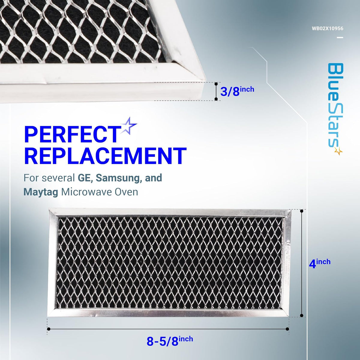 Replacement microwave grease filter with dimensions labeled 8-5/8 inch by 4 inch and 3/8 inch thickness.