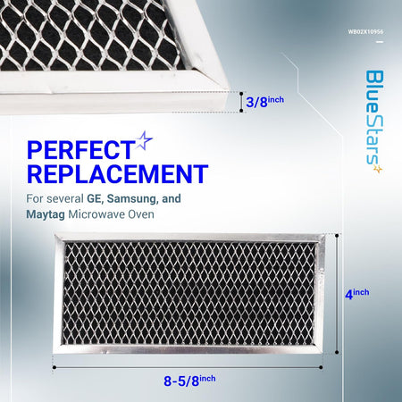 Replacement microwave grease filter with dimensions labeled 8-5/8 inch by 4 inch and 3/8 inch thickness.