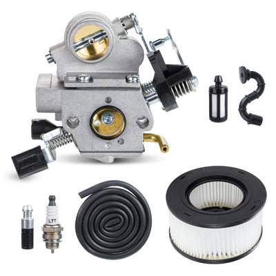 Carburetor kit for Stihl MS391 chainsaw including carburetor, air filter, spark plug, fuel line, and fuel filter.