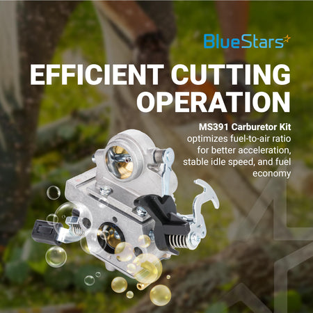 Replacement carburetor for Stihl MS391 and MS311 chainsaws with promotional text overlay.