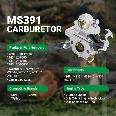 Replacement carburetor for Stihl MS391, MS311, and MS311Z chainsaws with compatibility and part number information.