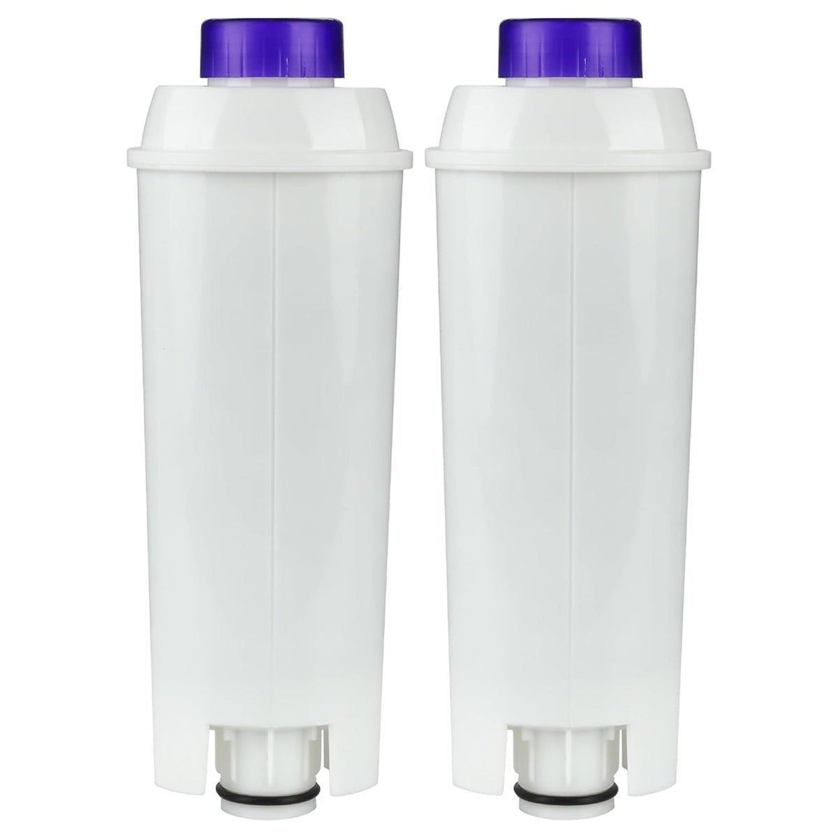 Two white replacement water filters for Delonghi coffee machines with purple caps.