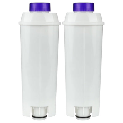 Two white replacement water filters for Delonghi coffee machines with purple caps.