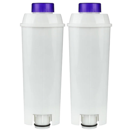 Two white replacement water filters for Delonghi coffee machines with purple caps.