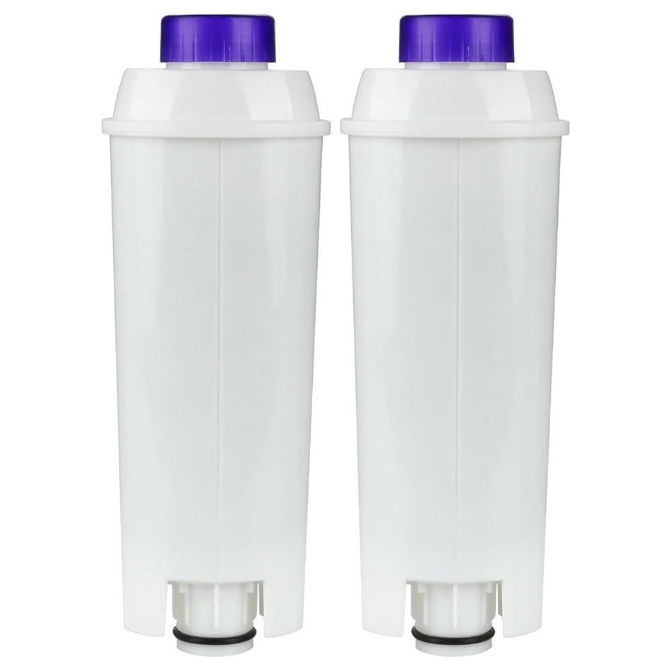 Two white replacement water filters for Delonghi coffee machines with purple caps.