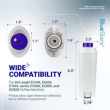 Dimensional diagram of Delonghi DLSC002 compatible coffee machine water filter showing size specifications.