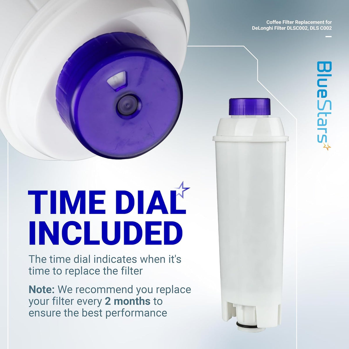 Close-up of Delonghi DLSC002 compatible coffee machine water filter showing the integrated time replacement dial.
