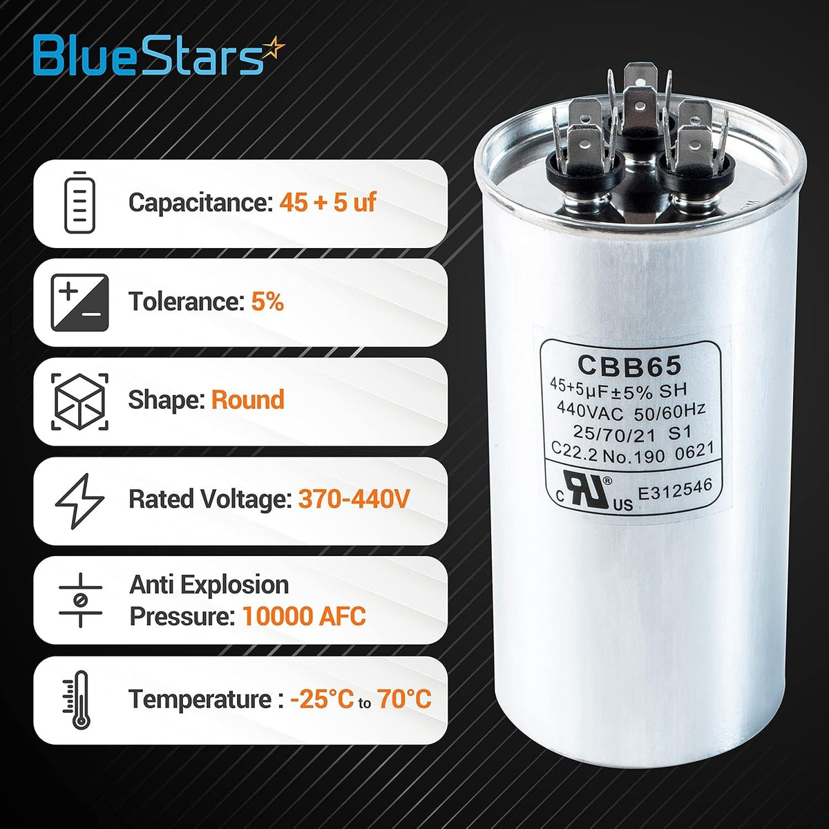 45+5 uF 370/440 VAC round dual run capacitor with technical specification infographic.