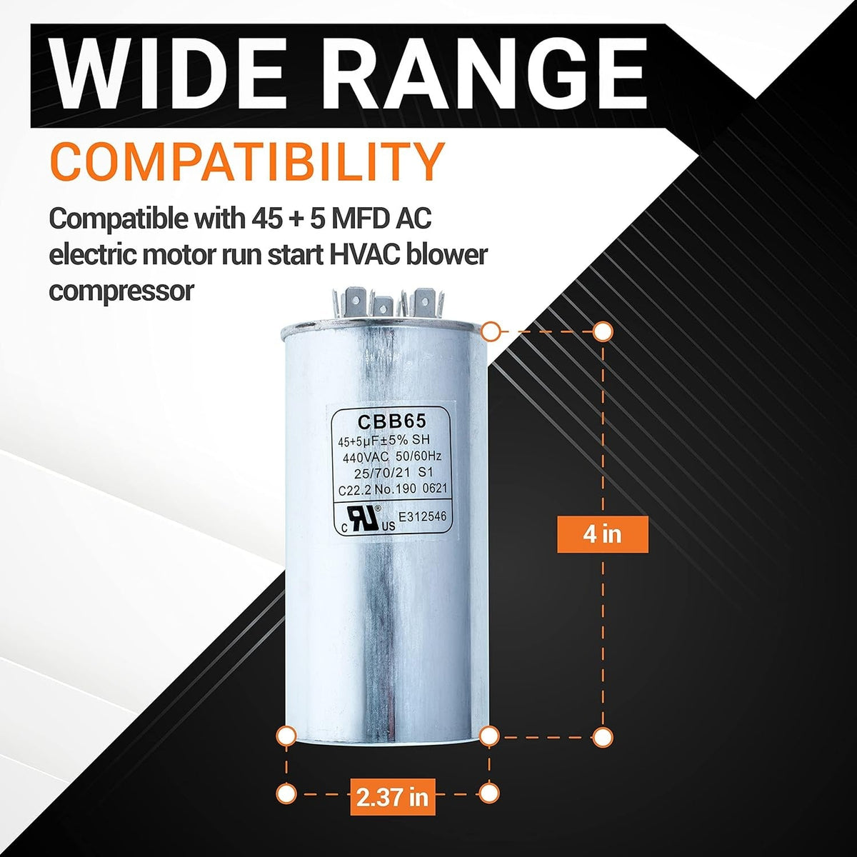 45+5 uF CBB65 dual run capacitor showing 4-inch height and 2.37-inch diameter dimensions for HVAC compatibility.