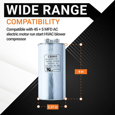 45+5 uF CBB65 dual run capacitor showing 4-inch height and 2.37-inch diameter dimensions for HVAC compatibility.