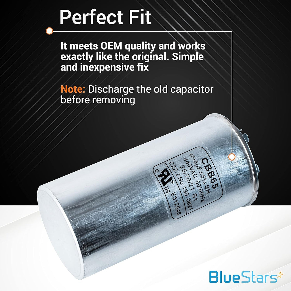 45+5 uF 370/440 VAC round dual run capacitor with technical specification label visible.