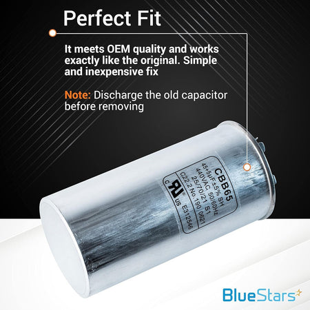 45+5 uF 370/440 VAC round dual run capacitor with technical specification label visible.