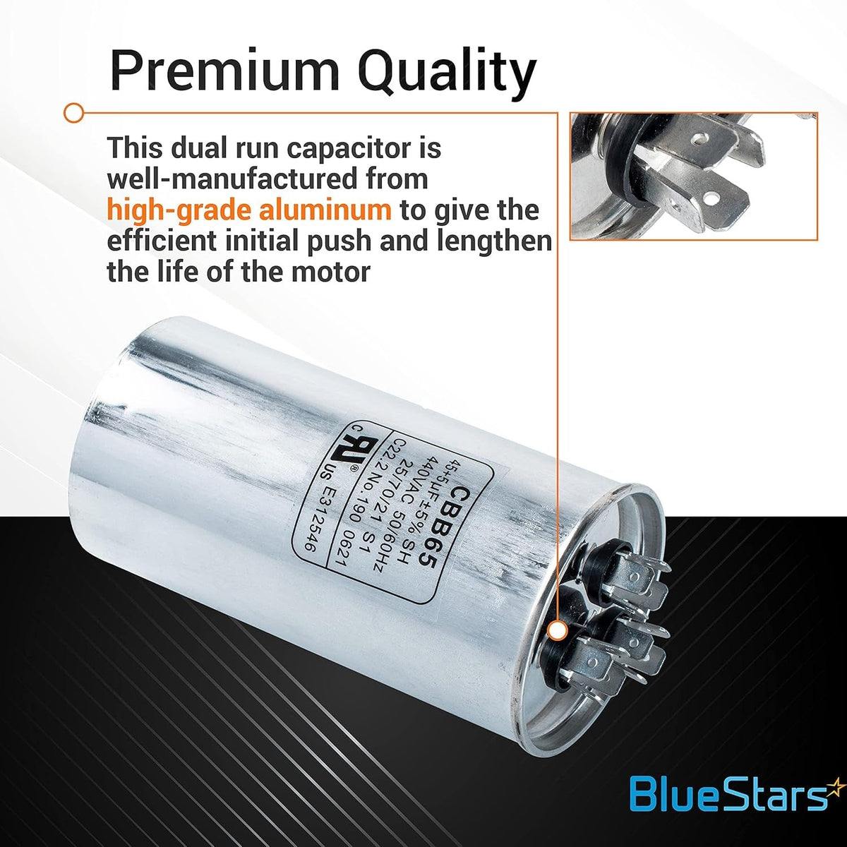 45+5 uF CBB65 round dual run capacitor with aluminum casing and terminal close-up view.