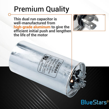 45+5 uF CBB65 round dual run capacitor with aluminum casing and terminal close-up view.