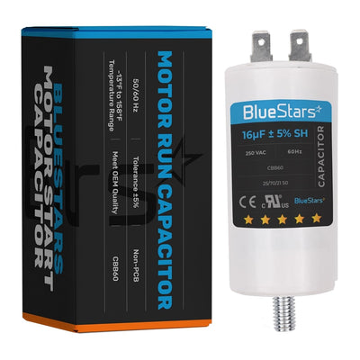 16 uF 250 VAC CBB60 motor run capacitor with screw stud and matching product packaging box.
