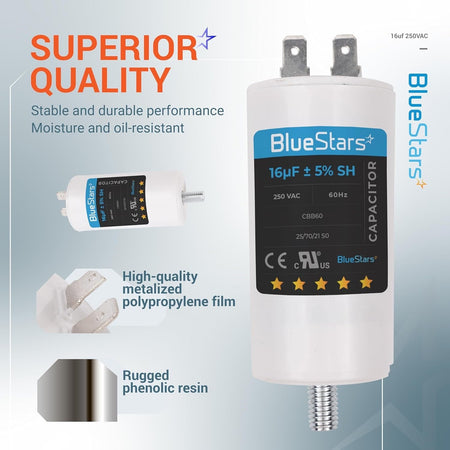 BlueStars 16uF 250VAC CBB60 run capacitor with screw mount, showing product features and technical specifications.