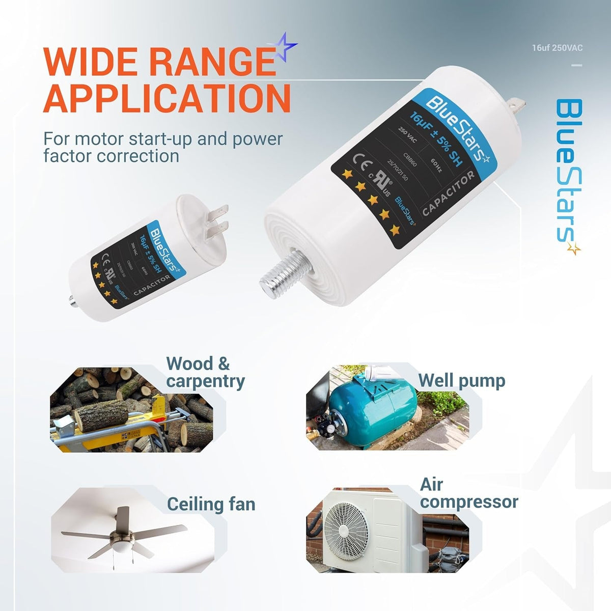16uF 250VAC CBB60 run capacitor showing application examples for motors, pumps, fans, and air compressors.