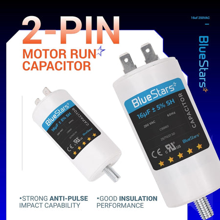 Two 16uF 250VAC CBB60 2-pin motor run capacitors with threaded mounting studs.