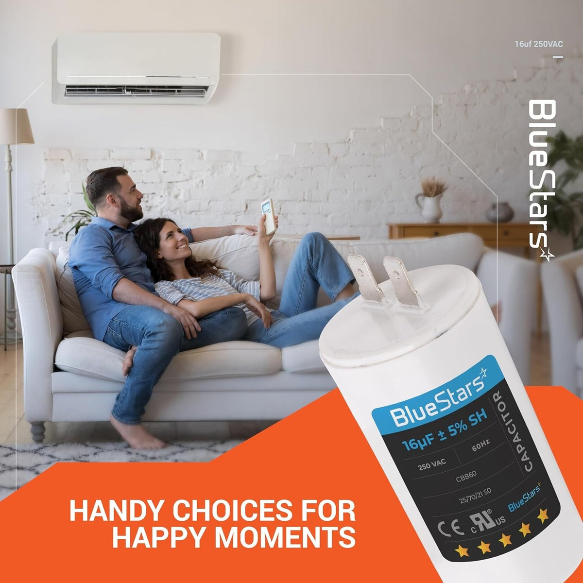 BlueStars 16uF 250VAC CBB60 run capacitor for AC motors shown in a lifestyle advertisement graphic.