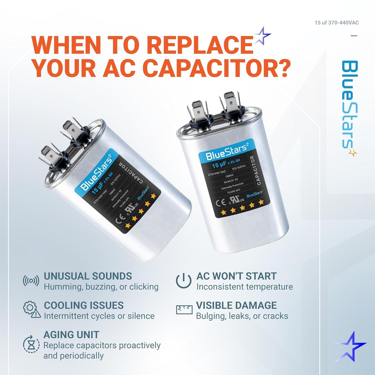 Infographic showing two 15 uF 370/440 VAC oval run capacitors and signs indicating when to replace an AC unit capacitor.