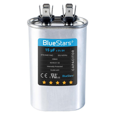 15 uF 370/440 VAC oval run start capacitor for AC motors and heat pumps.
