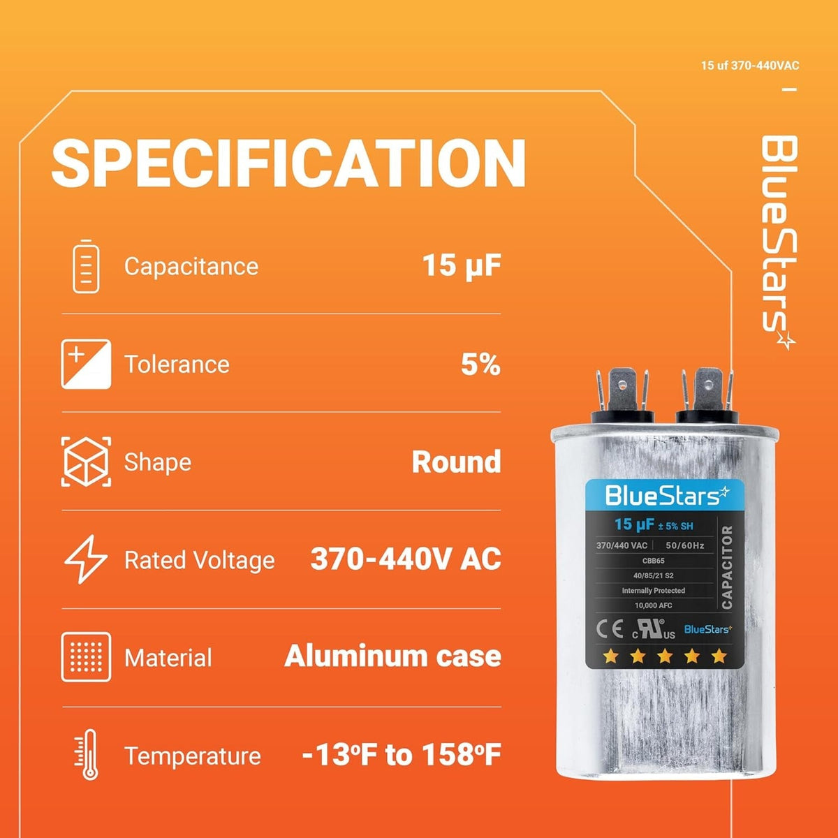 Technical specification chart for 15 uF 370/440 VAC CBB65 run capacitor showing electrical ratings and aluminum case.