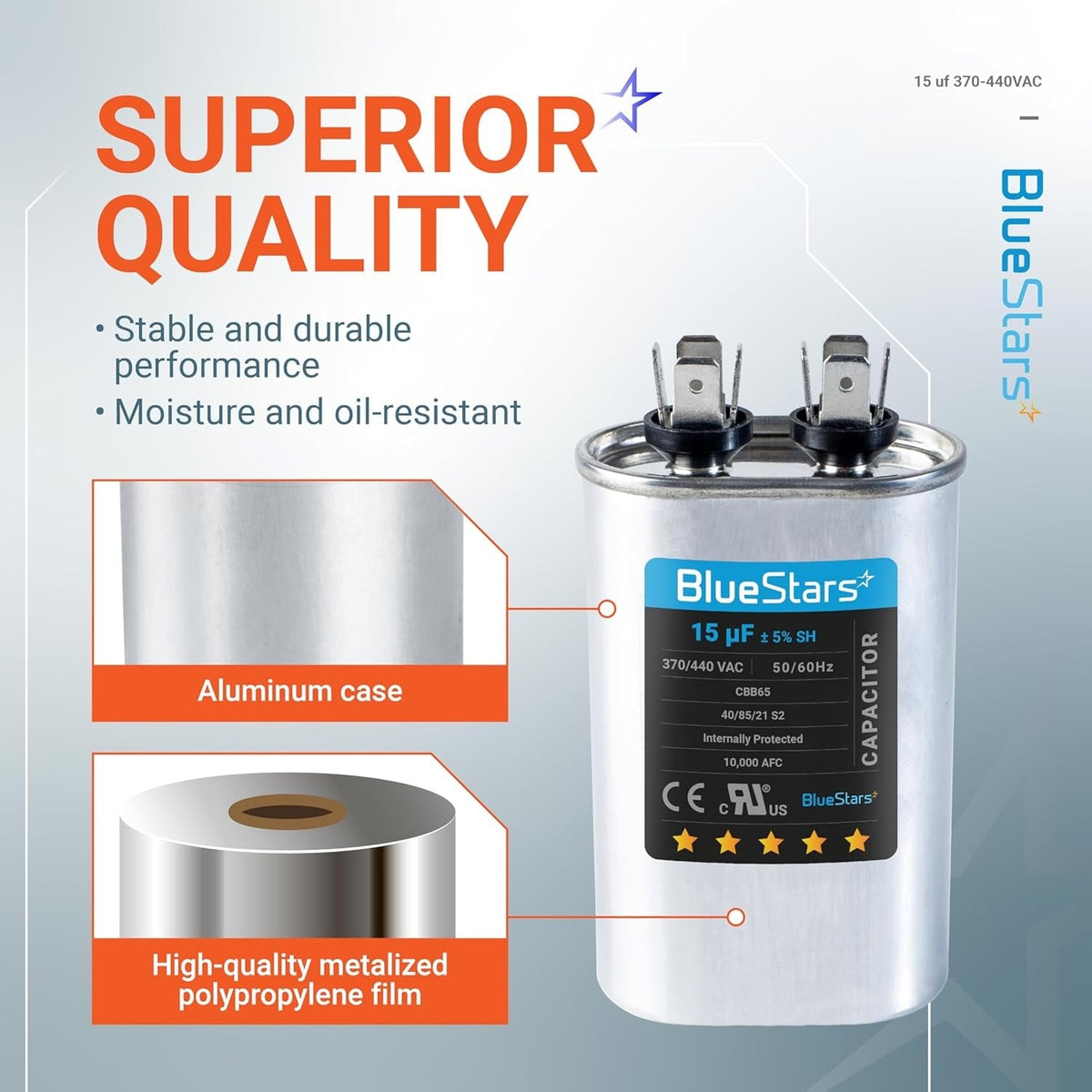 Infographic showing 15 uF 370/440 VAC oval run capacitor features including aluminum case and metalized film construction.