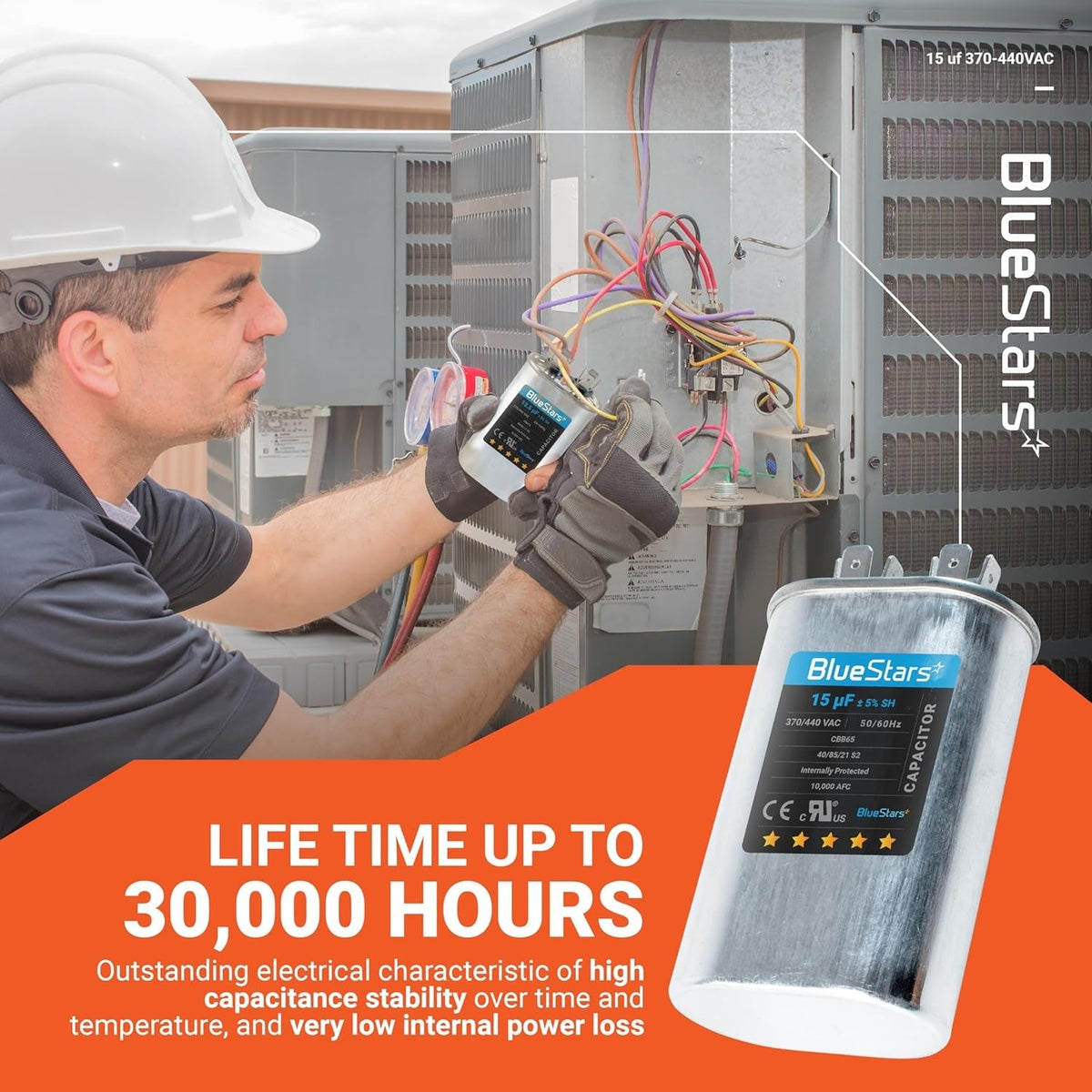 Technician installing a 15 uF 370/440 VAC oval run start capacitor in an AC condenser unit.