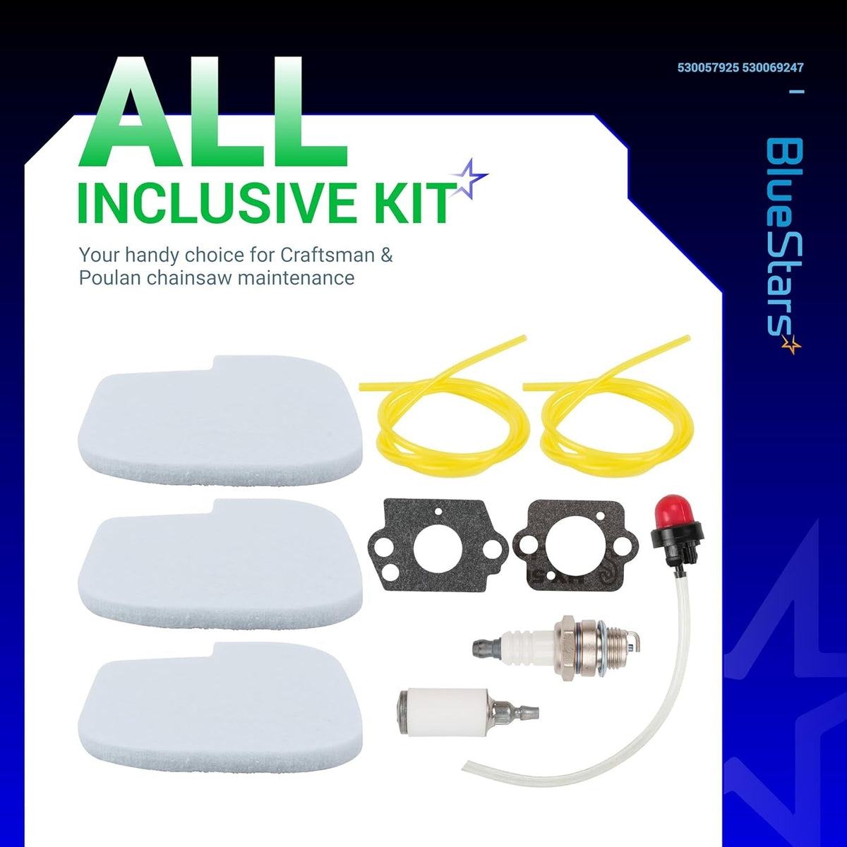 BlueStars chainsaw tune-up kit with air filters, fuel lines, primer bulb, spark plug, and gaskets for Poulan and Craftsman.