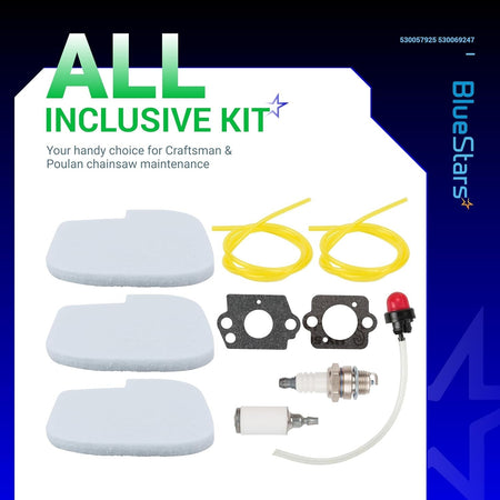 BlueStars chainsaw tune-up kit with air filters, fuel lines, primer bulb, spark plug, and gaskets for Poulan and Craftsman.