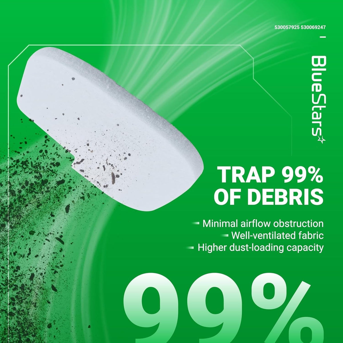 BlueStars air filter replacement for Poulan Pro chainsaws showing 99% debris trapping efficiency.