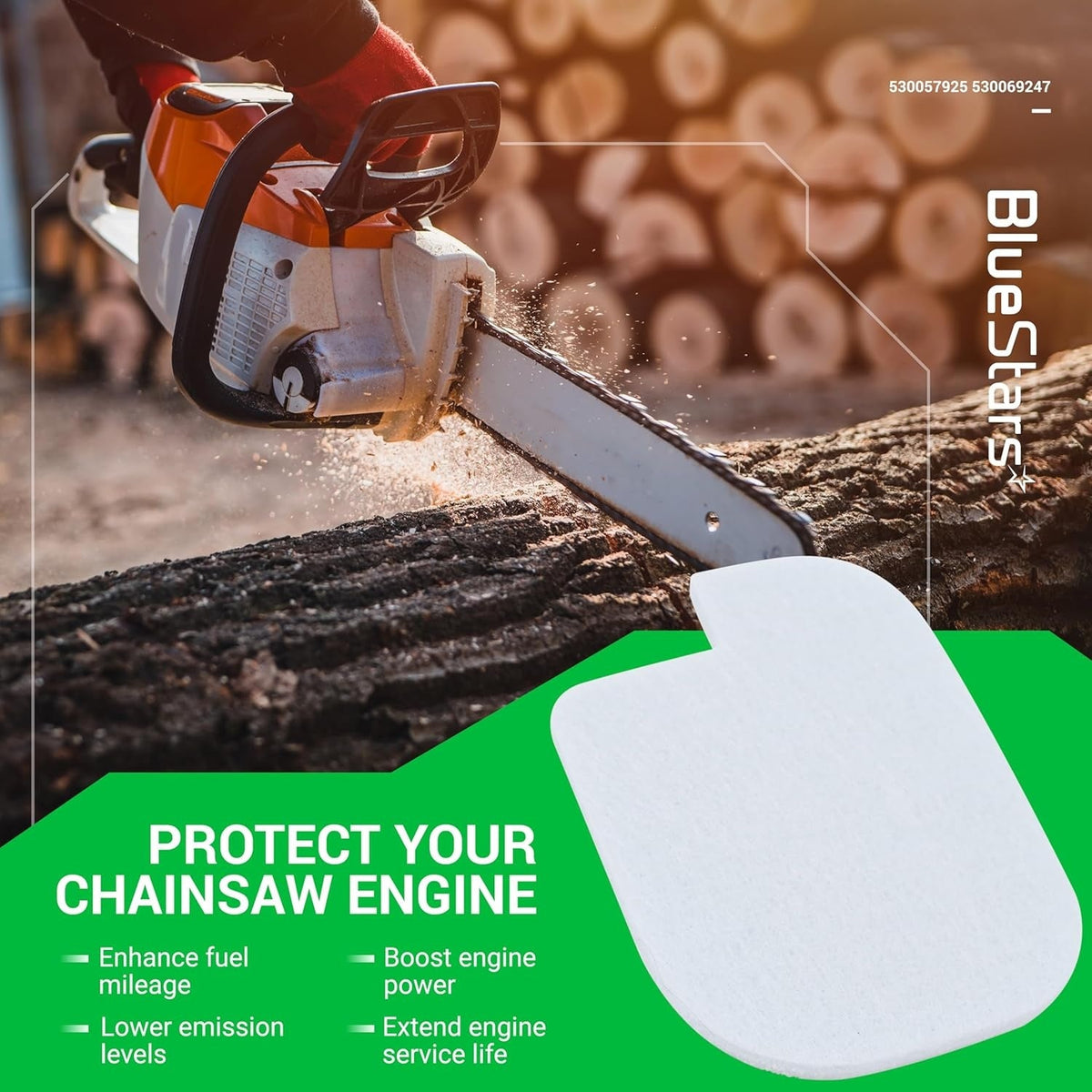 Replacement air filter for Poulan Pro and Craftsman chainsaws shown with engine protection benefits graphic.