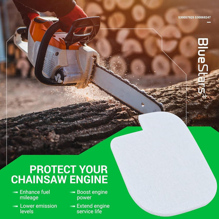 Replacement air filter for Poulan Pro and Craftsman chainsaws shown with engine protection benefits graphic.