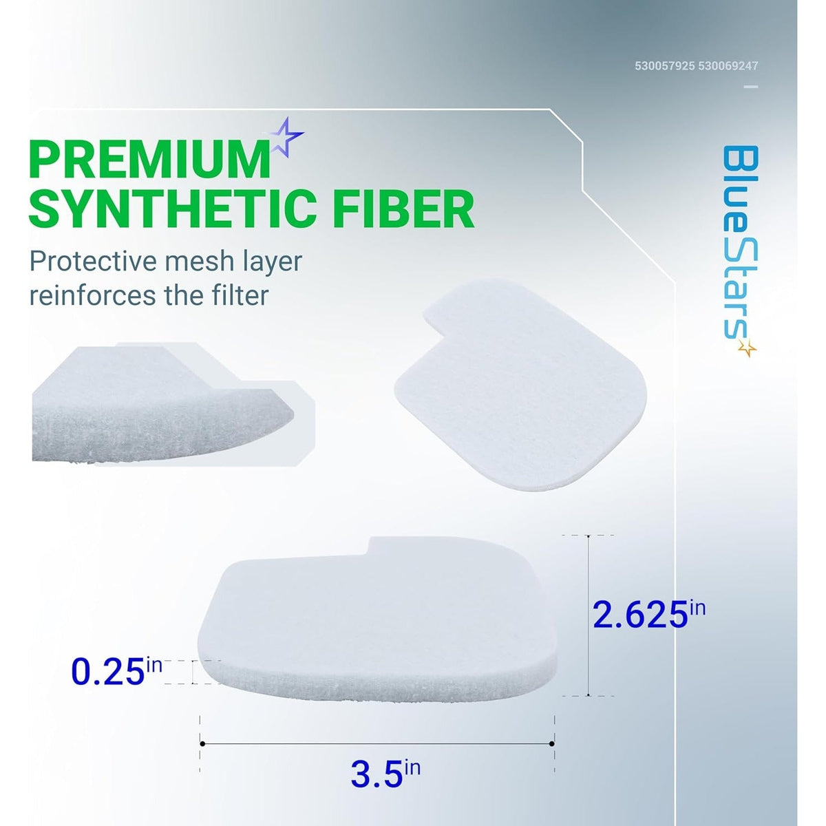 Synthetic fiber air filter for Poulan Pro and Craftsman chainsaws showing dimensions of 3.5 inches by 2.625 inches.