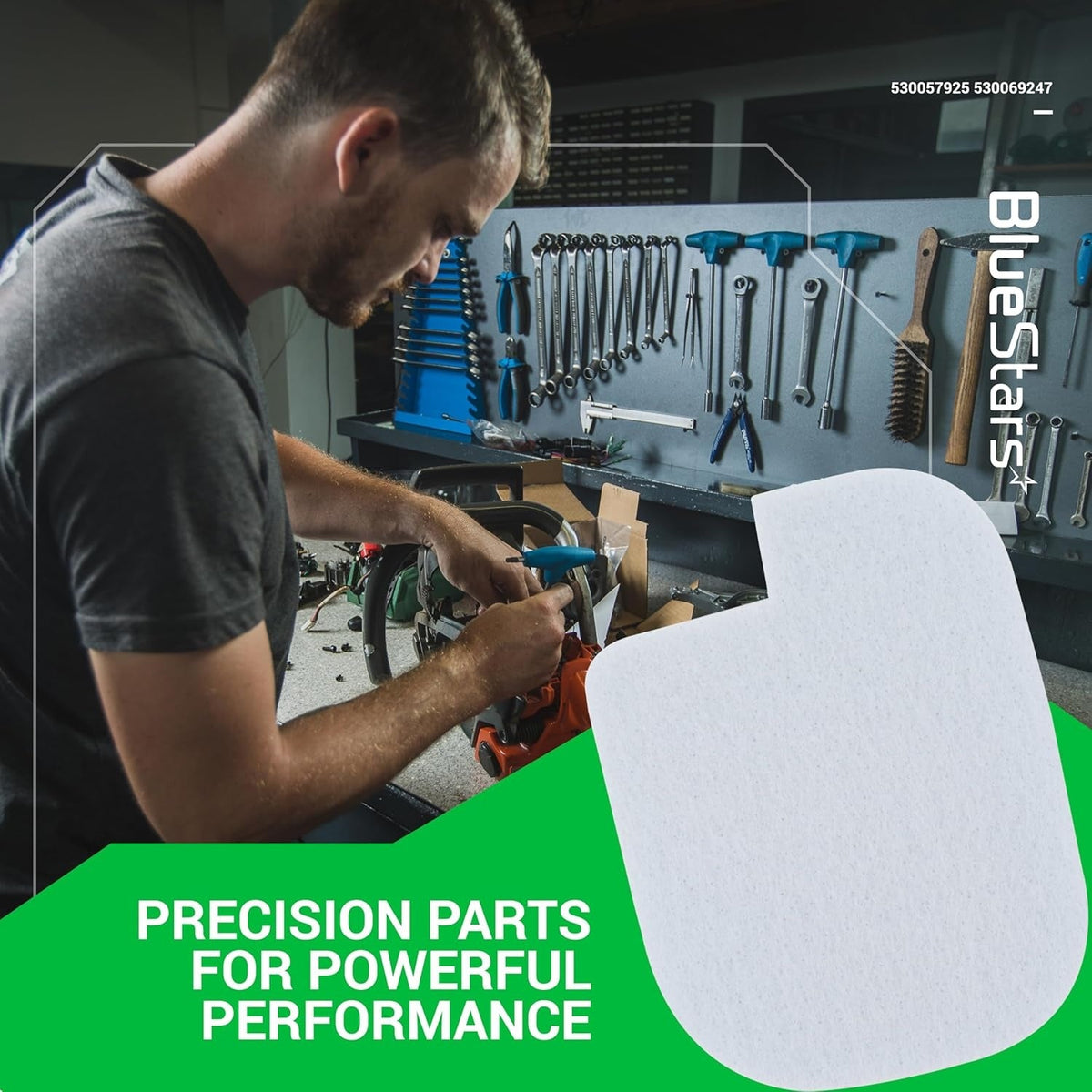 Replacement air filter for Poulan Pro and Craftsman chainsaws shown in a workshop setting.