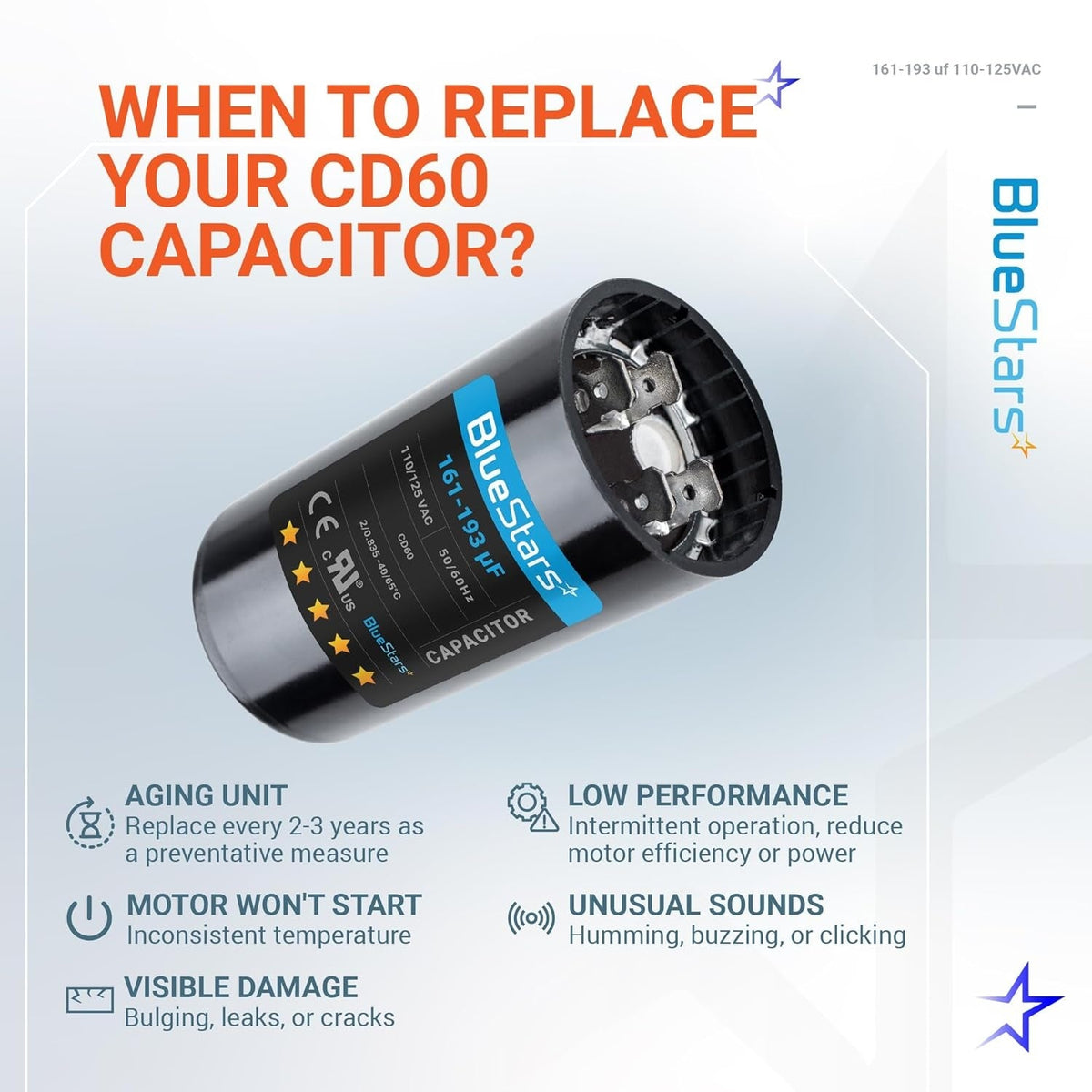 Informational graphic showing a 161-193 uF CD60 motor start capacitor and signs indicating when to replace it.