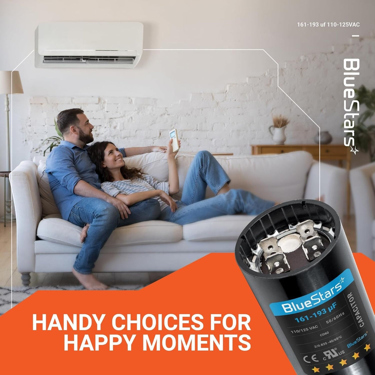 Close-up of 161-193 uF CD60 motor start capacitor with terminal connectors in a lifestyle marketing graphic.