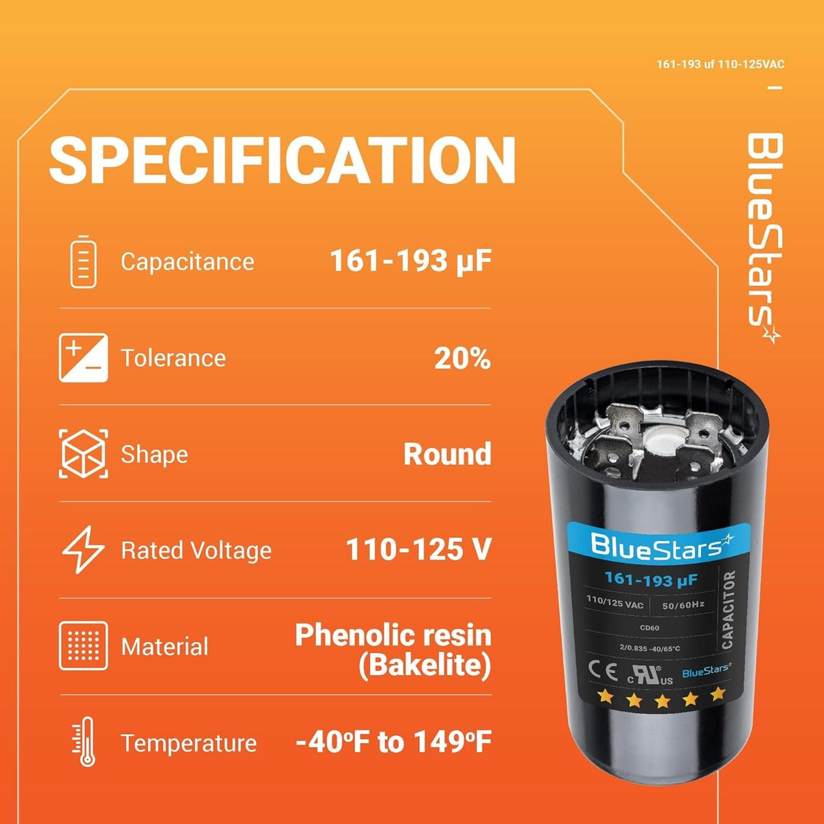 Specification chart for 161-193 uF 110-125 VAC round motor start capacitor with technical details.