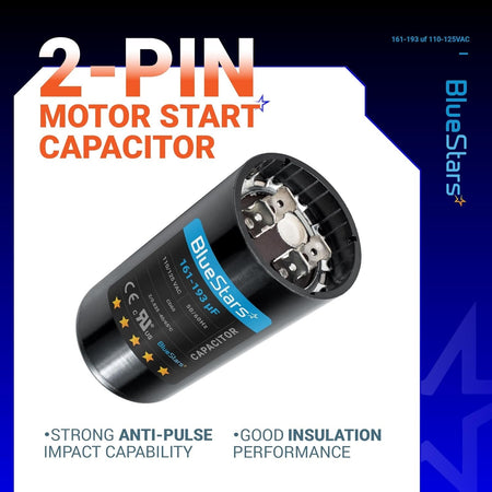 BlueStars 161-193 uF 110-125 VAC 2-pin round motor start capacitor for pool and well pumps.