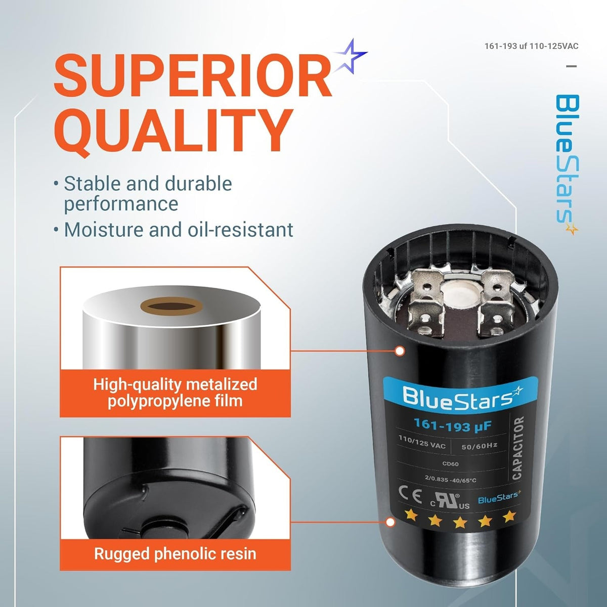 Infographic showing BlueStars 161-193 uF motor start capacitor features, materials, and terminal design.