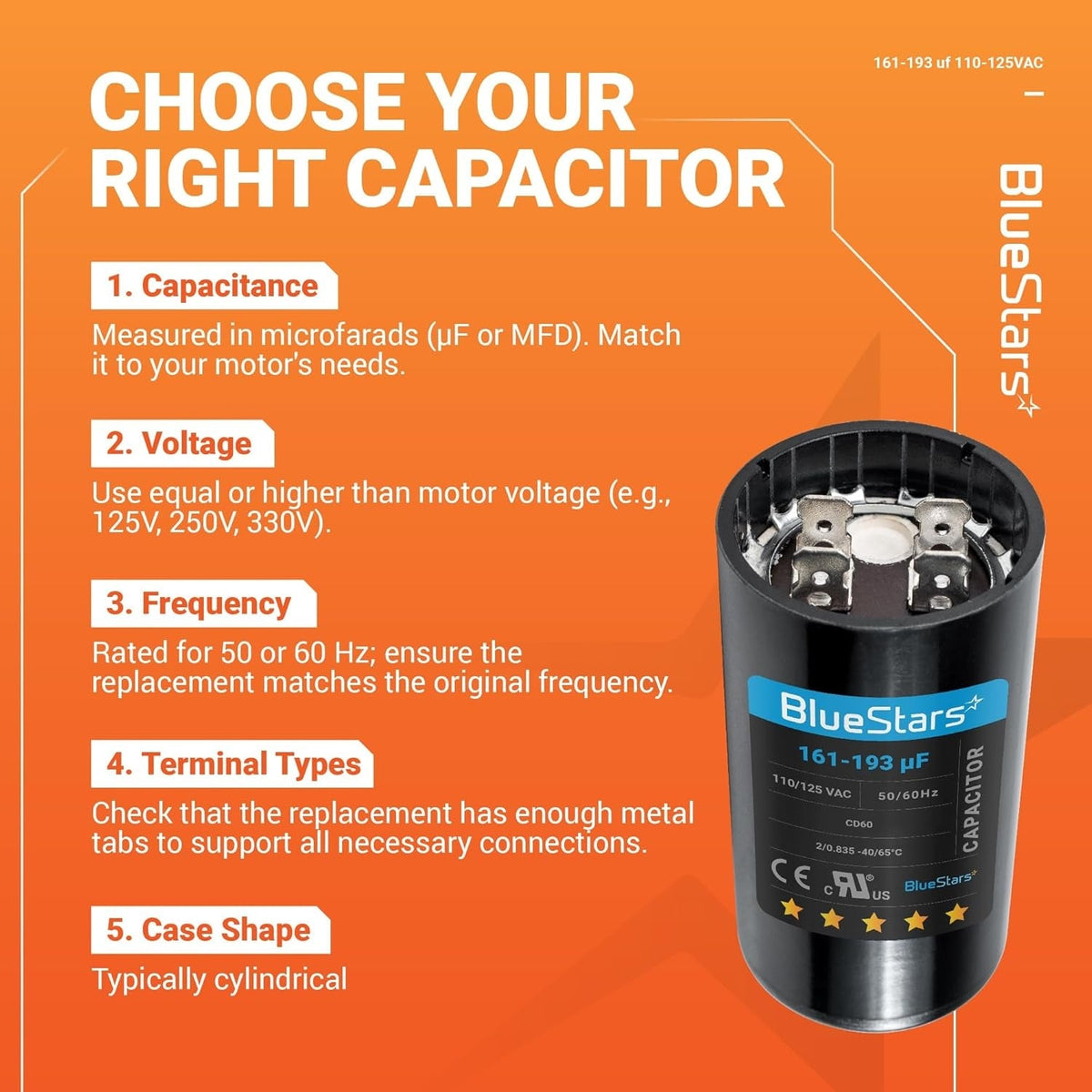 Infographic guide for selecting a 161-193 uF 110-125 VAC CD60 round motor start capacitor for pumps.