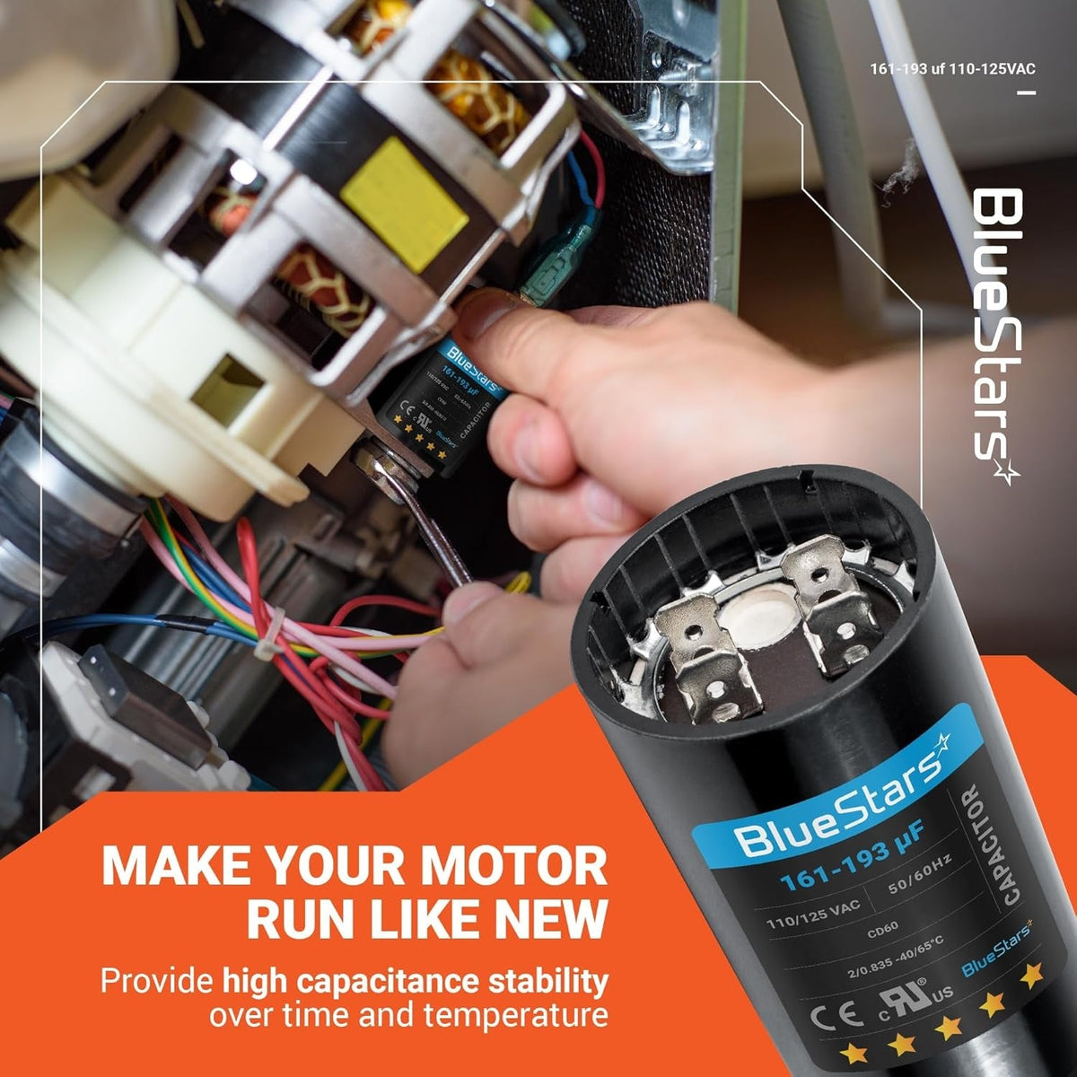 BlueStars 161-193 uF motor start capacitor being installed in a pump motor with a close-up view of the terminal end.