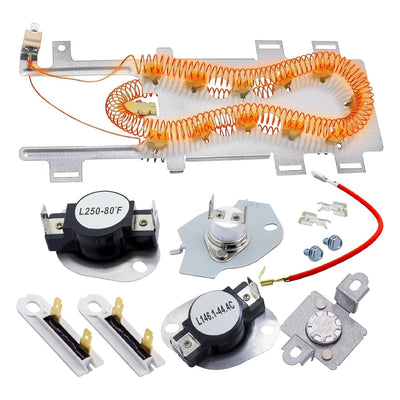 Dryer heating element kit with thermal cut-off and thermal fuse components for Whirlpool and Kenmore dryers.