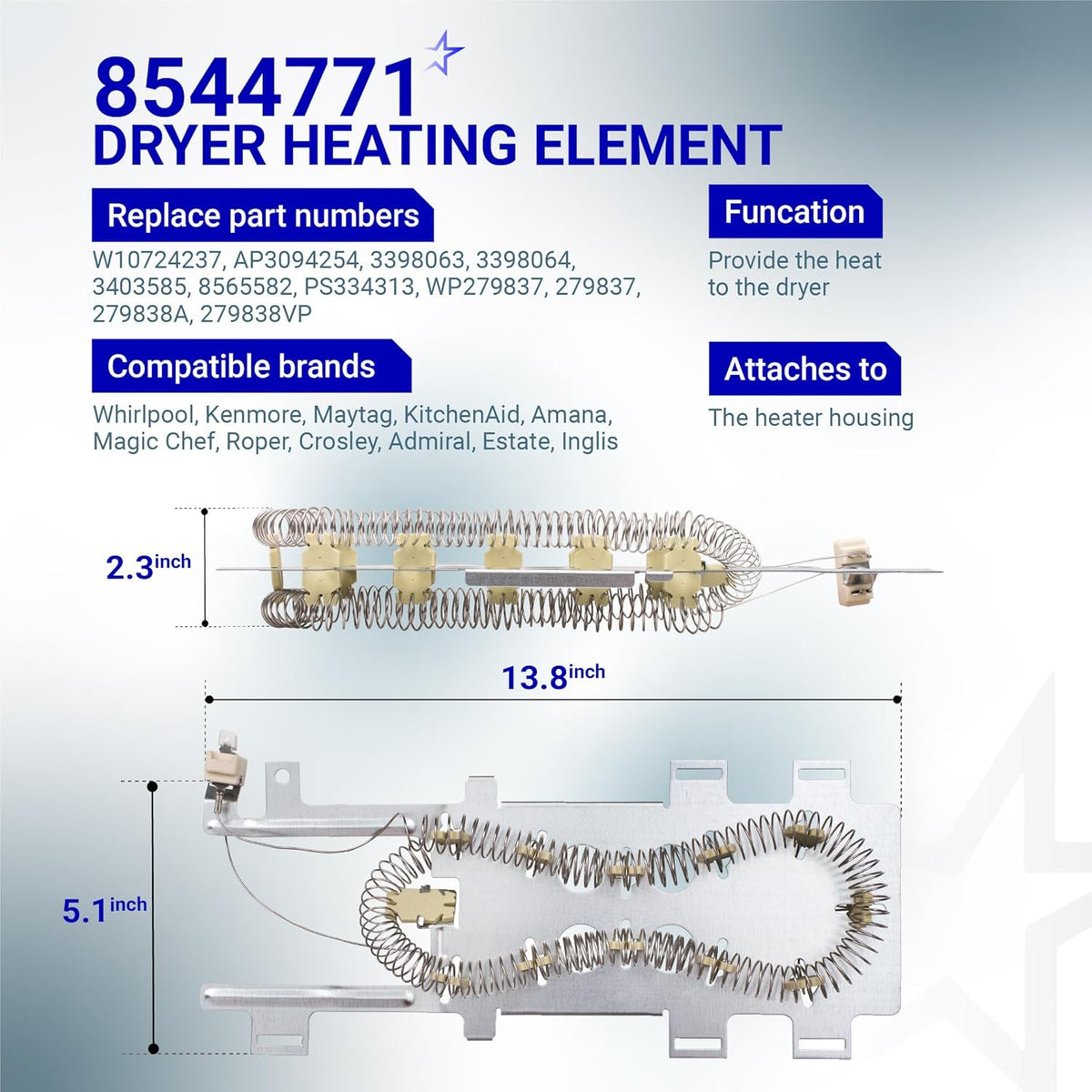 WP8544771 dryer heating element showing dimensions, replacement part numbers, and compatibility information.