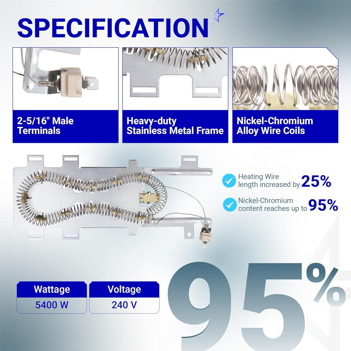 WP8544771 dryer heating element specifications showing terminals, stainless frame, and nickel-chromium alloy wire coils.